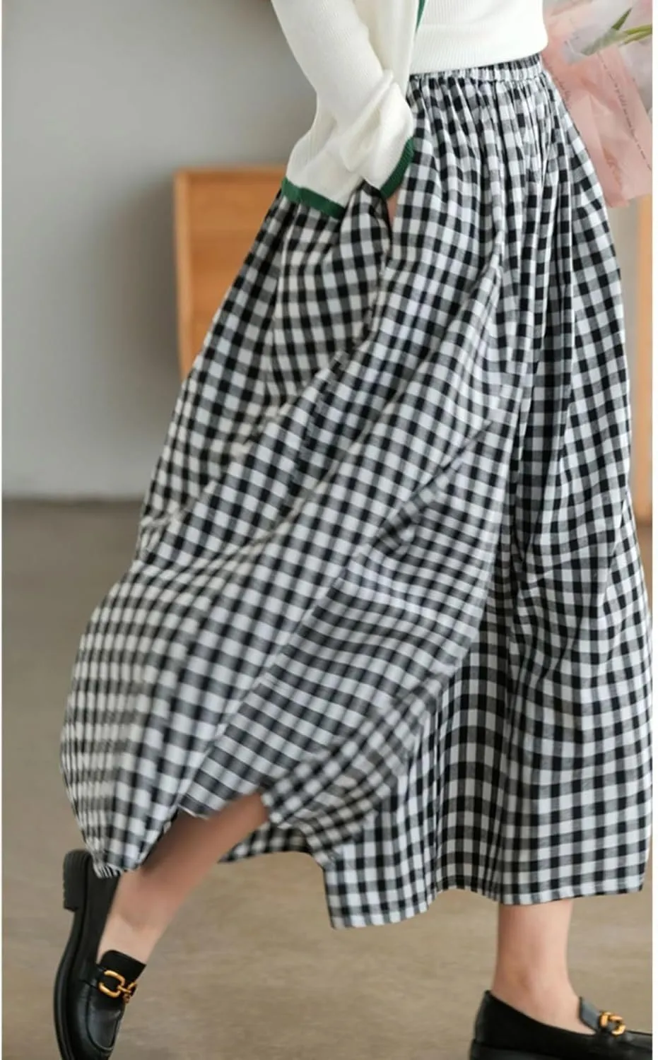 SOMTHRON Women's Summer Cotton Linen Wide Leg Culottes Pants Elastic Waist Plaid Gingham Capri Palazzo Pants