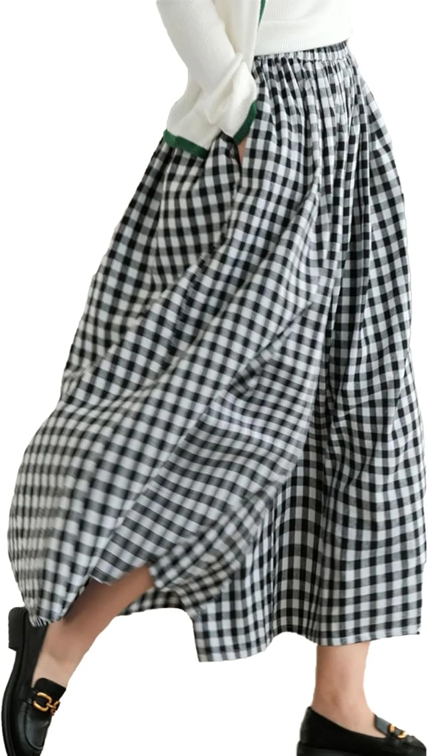 SOMTHRON Women's Summer Cotton Linen Wide Leg Culottes Pants Elastic Waist Plaid Gingham Capri Palazzo Pants