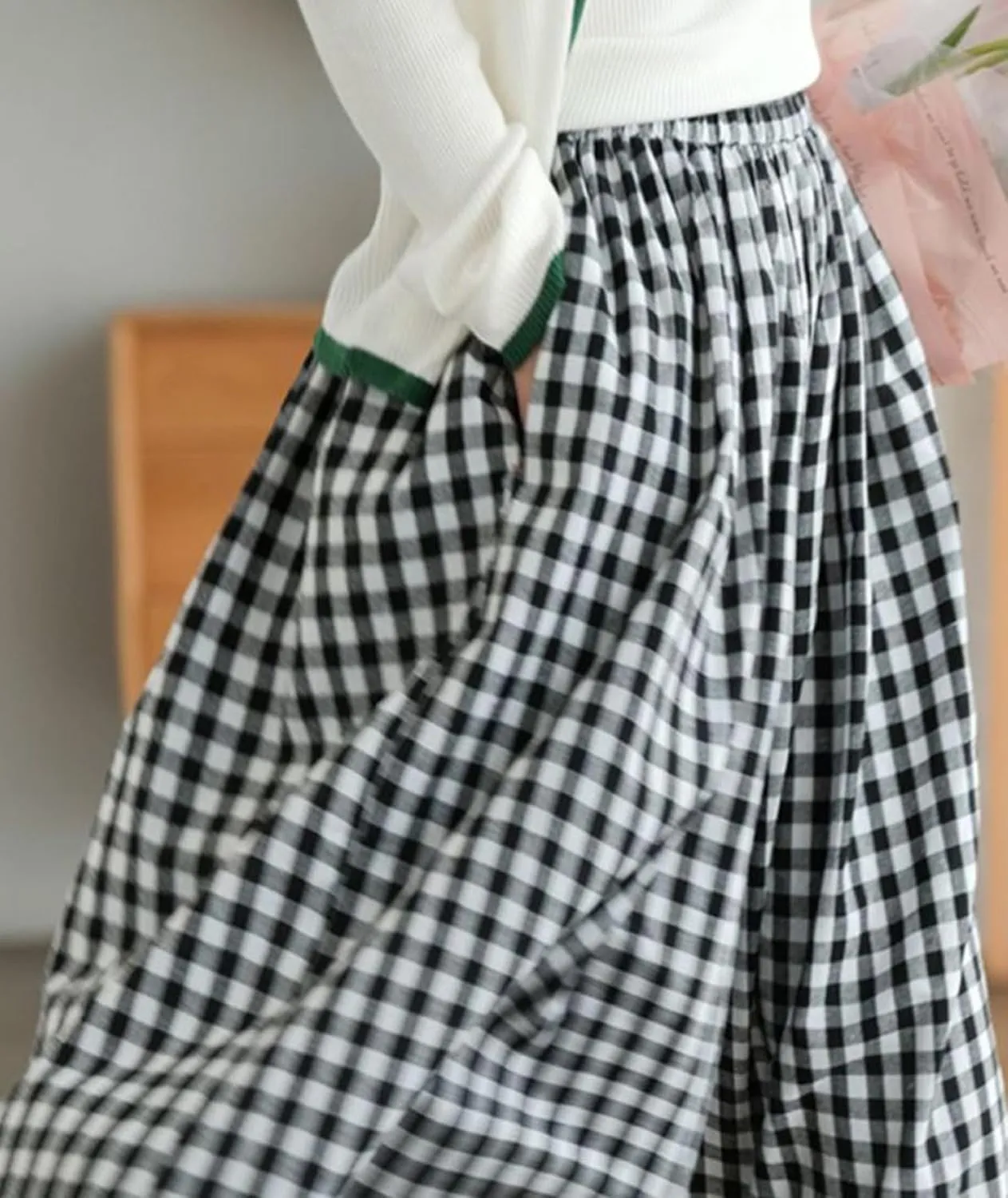 SOMTHRON Women's Summer Cotton Linen Wide Leg Culottes Pants Elastic Waist Plaid Gingham Capri Palazzo Pants