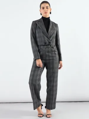 Stylish Grey Poly Viscose Checkered Warm Crop Blazer & Trouser