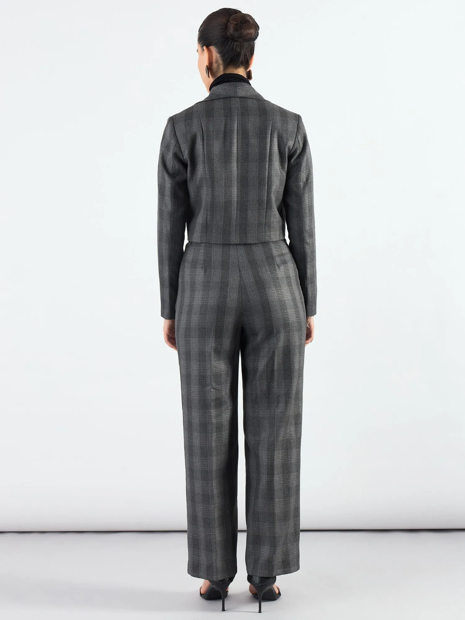 Stylish Grey Poly Viscose Checkered Warm Crop Blazer & Trouser