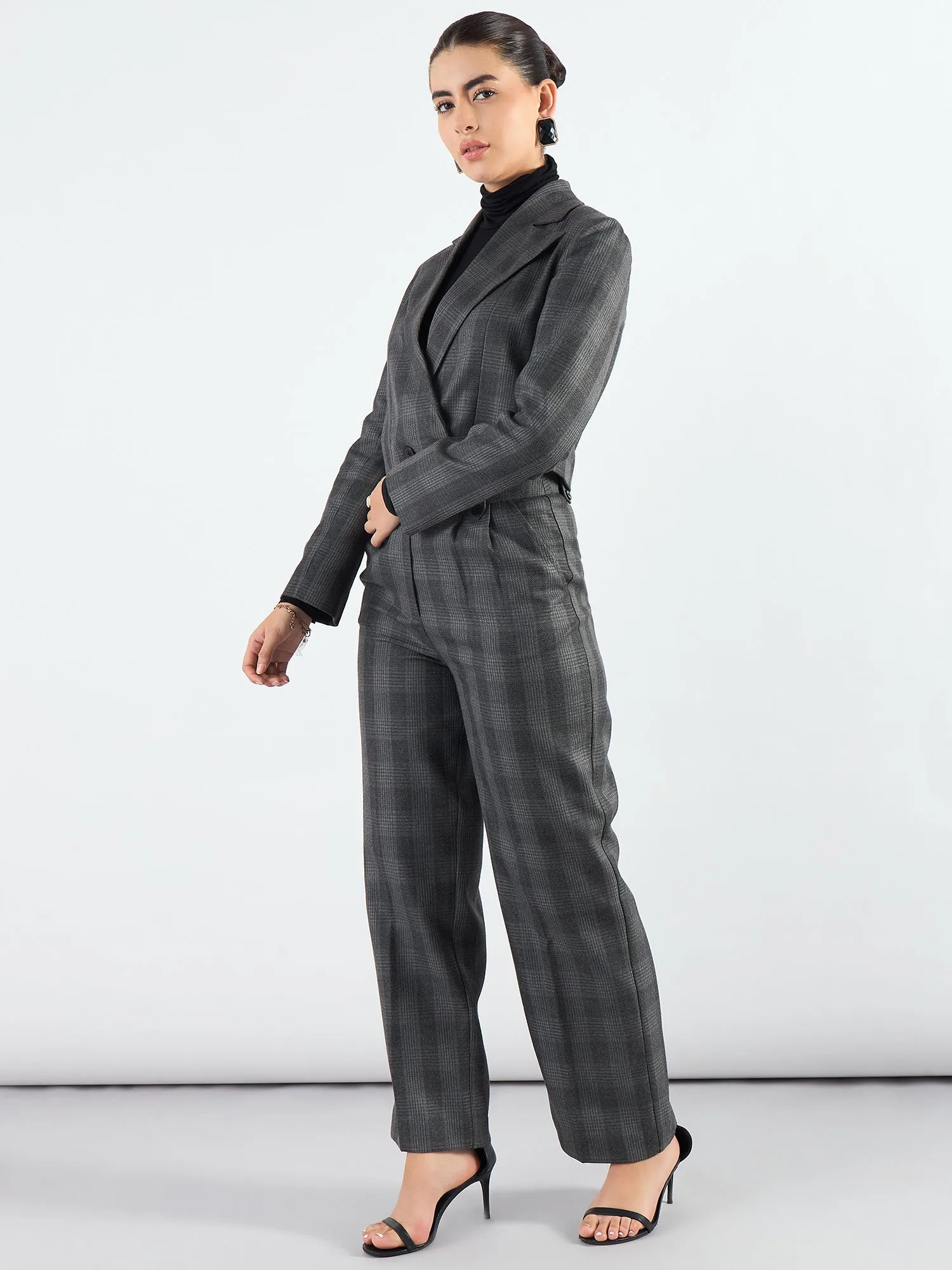 Stylish Grey Poly Viscose Checkered Warm Crop Blazer & Trouser