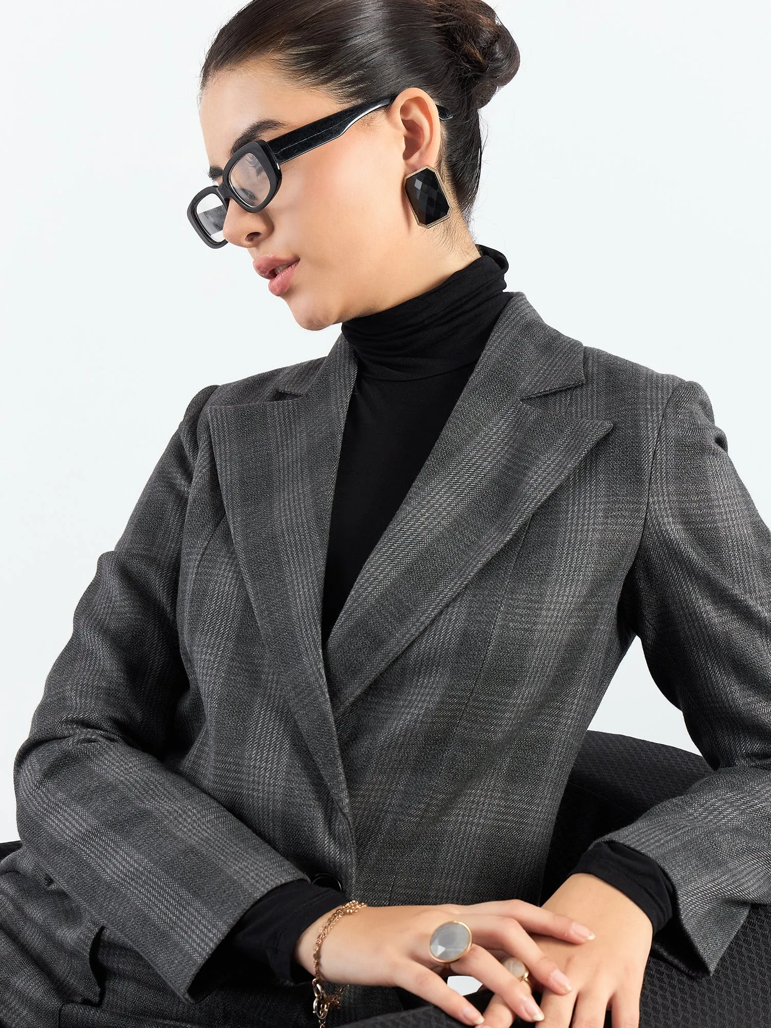 Stylish Grey Poly Viscose Checkered Warm Crop Blazer & Trouser