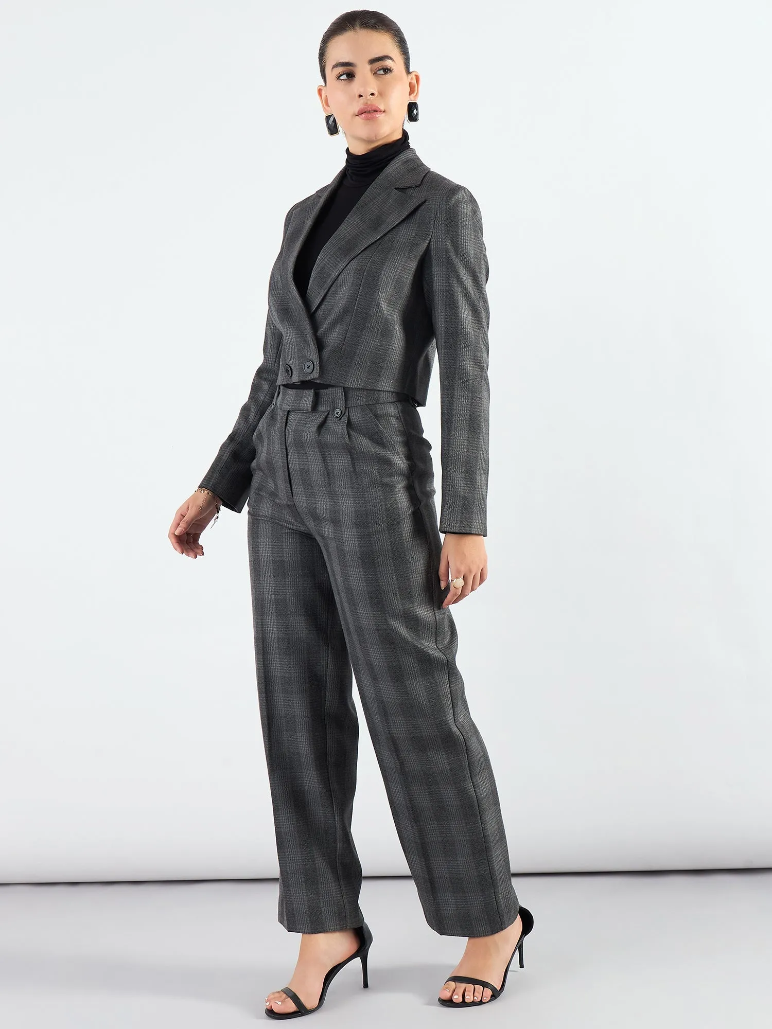 Stylish Grey Poly Viscose Checkered Warm Crop Blazer & Trouser