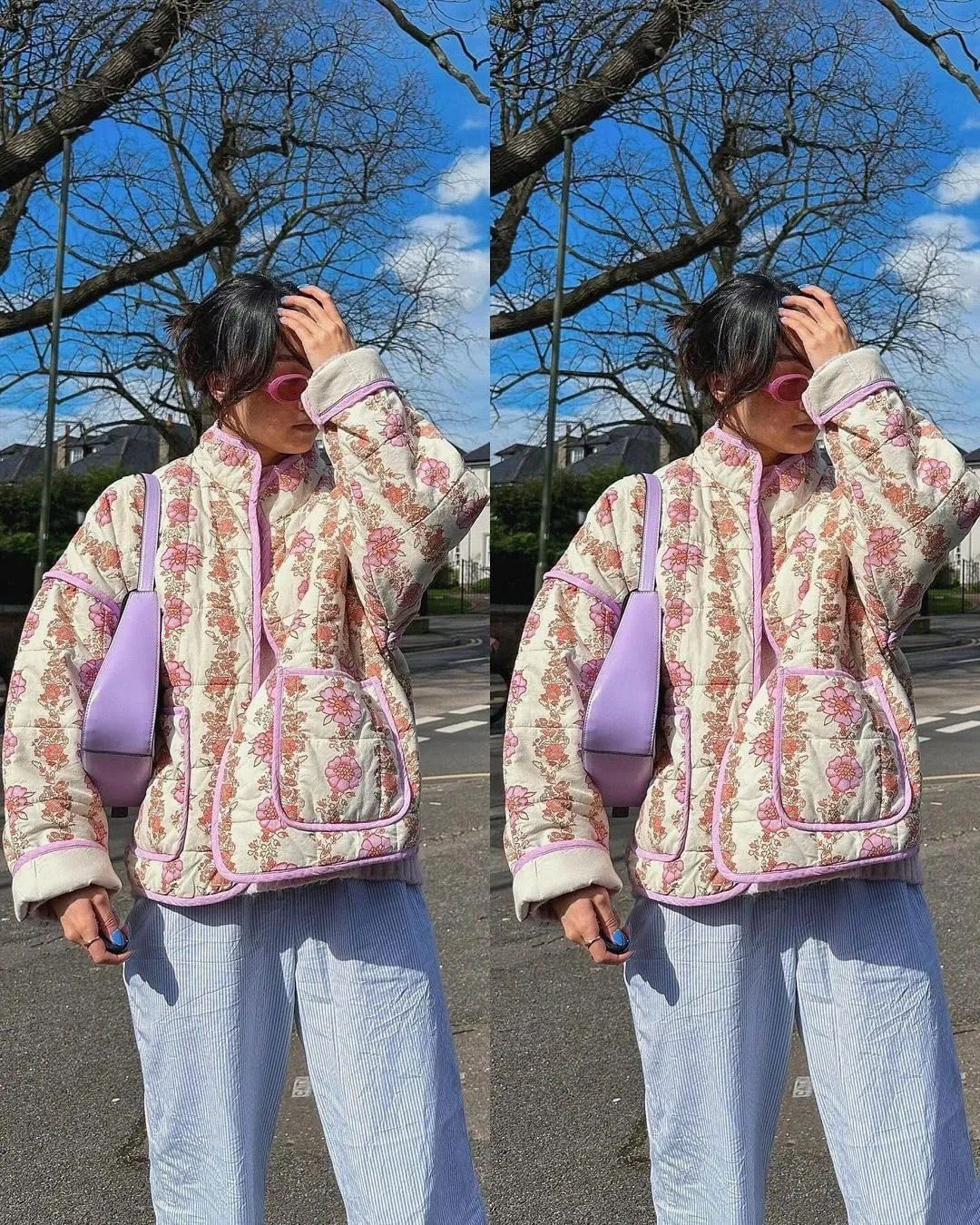 Womens Cropped Floral Puffer Jacket Lightweight Open Front Long Sleeve Padded Quilted Coat with Pockets